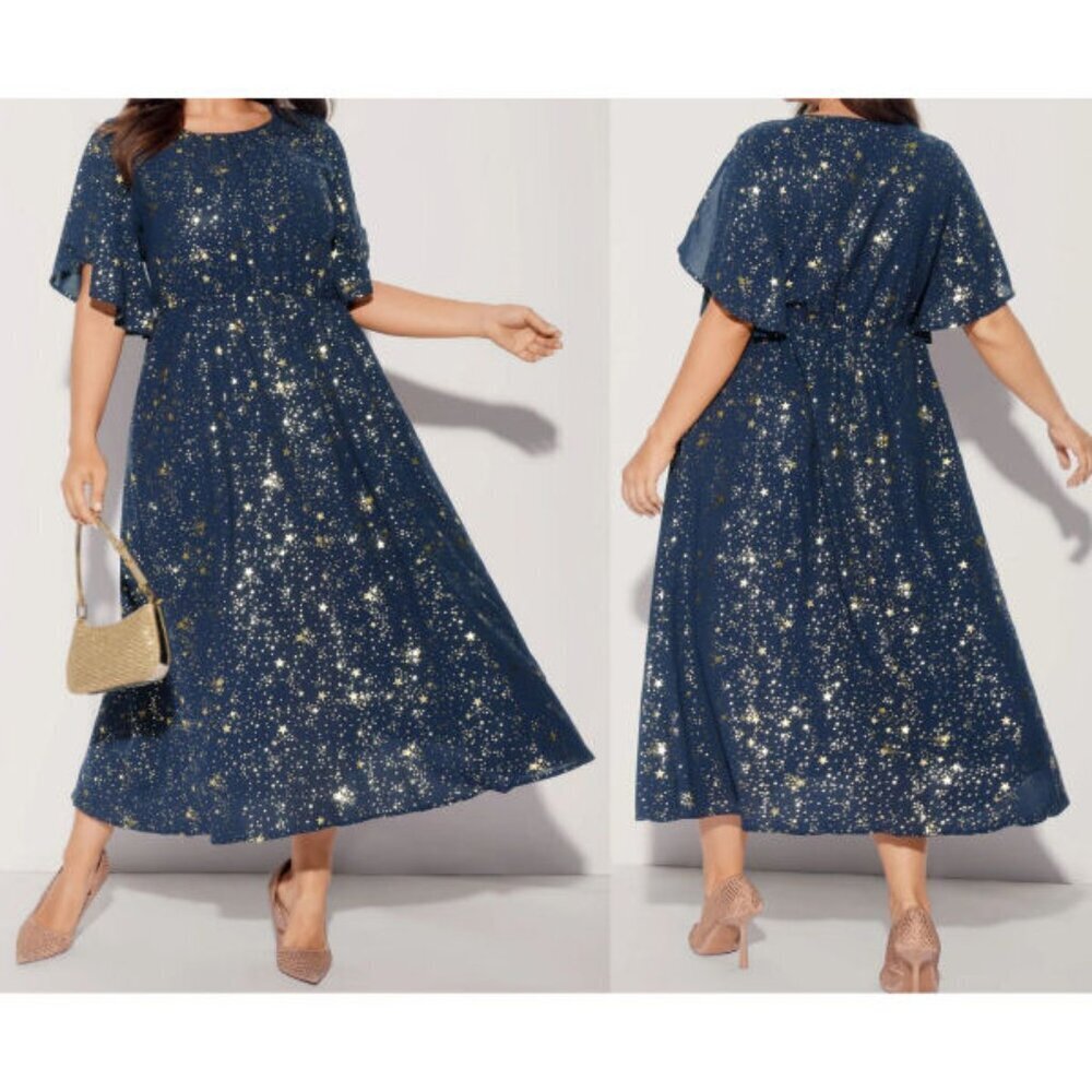 BloomChic Starry Night Maxi Dress Size 28 Pockets Cosmic Galaxy Lunar Whimsigoth
